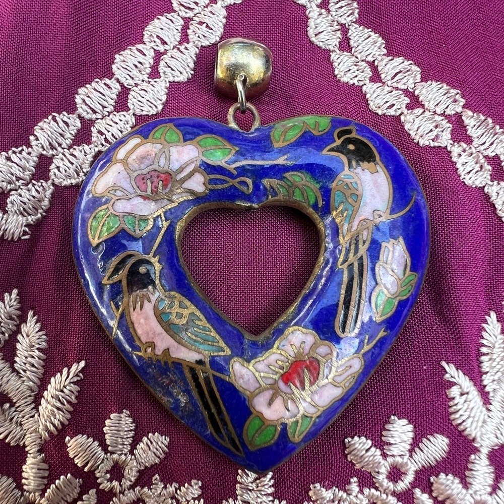 Vintage 1980’s Cloissone Heart-Shaped Enamel Pendant with Birds Pendant